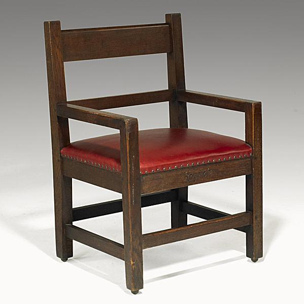 Appraisal: ROYCROFTHeavy armchair with red leather seatCarved Roycroft on seat rail