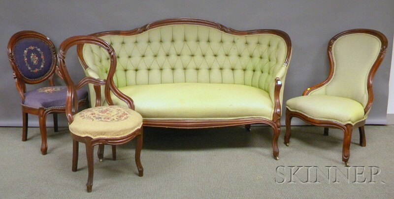 Appraisal: Four Pieces of Victorian Rococo Revival Upholstered Carved Walnut Parlor