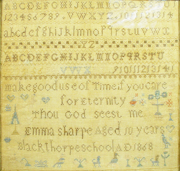 Appraisal: Victorian sampler embroidered with the alphabet and script by 'Emma