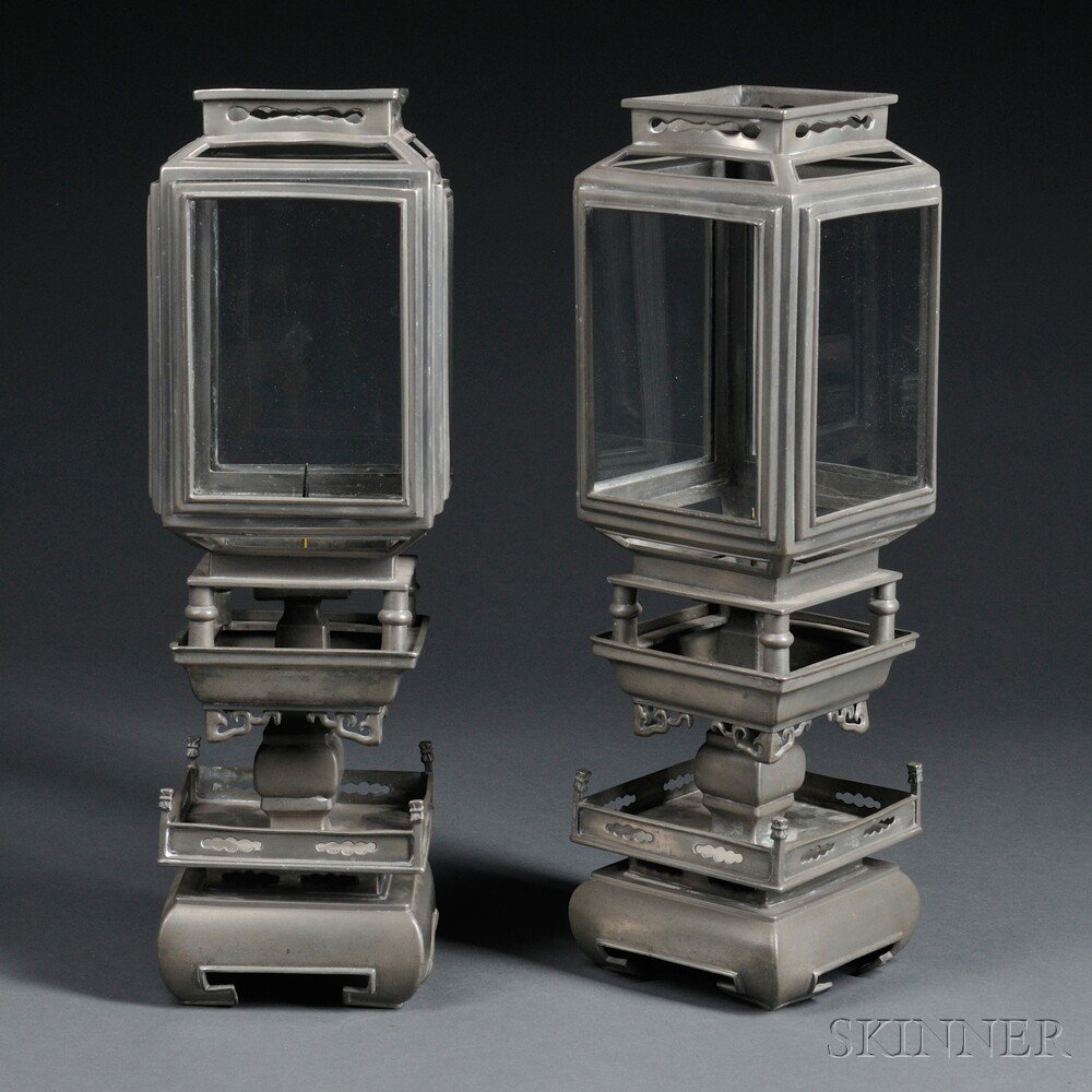 Appraisal: Pair of Pewter Lanterns China th century each with a