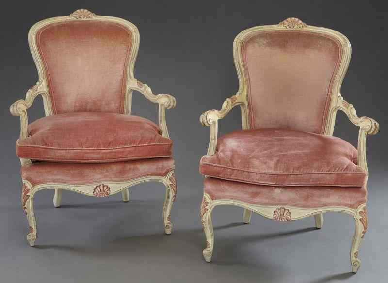 Appraisal: Pr Louis XV carved and painted fauteuilswith en arblete shaped