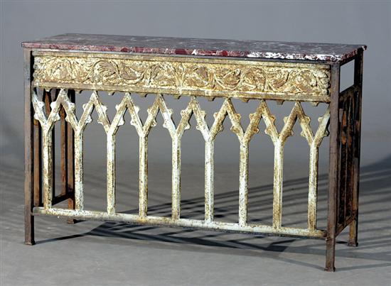 Appraisal: Continental wrought-iron and marble top console th centuryrectangular maroon and