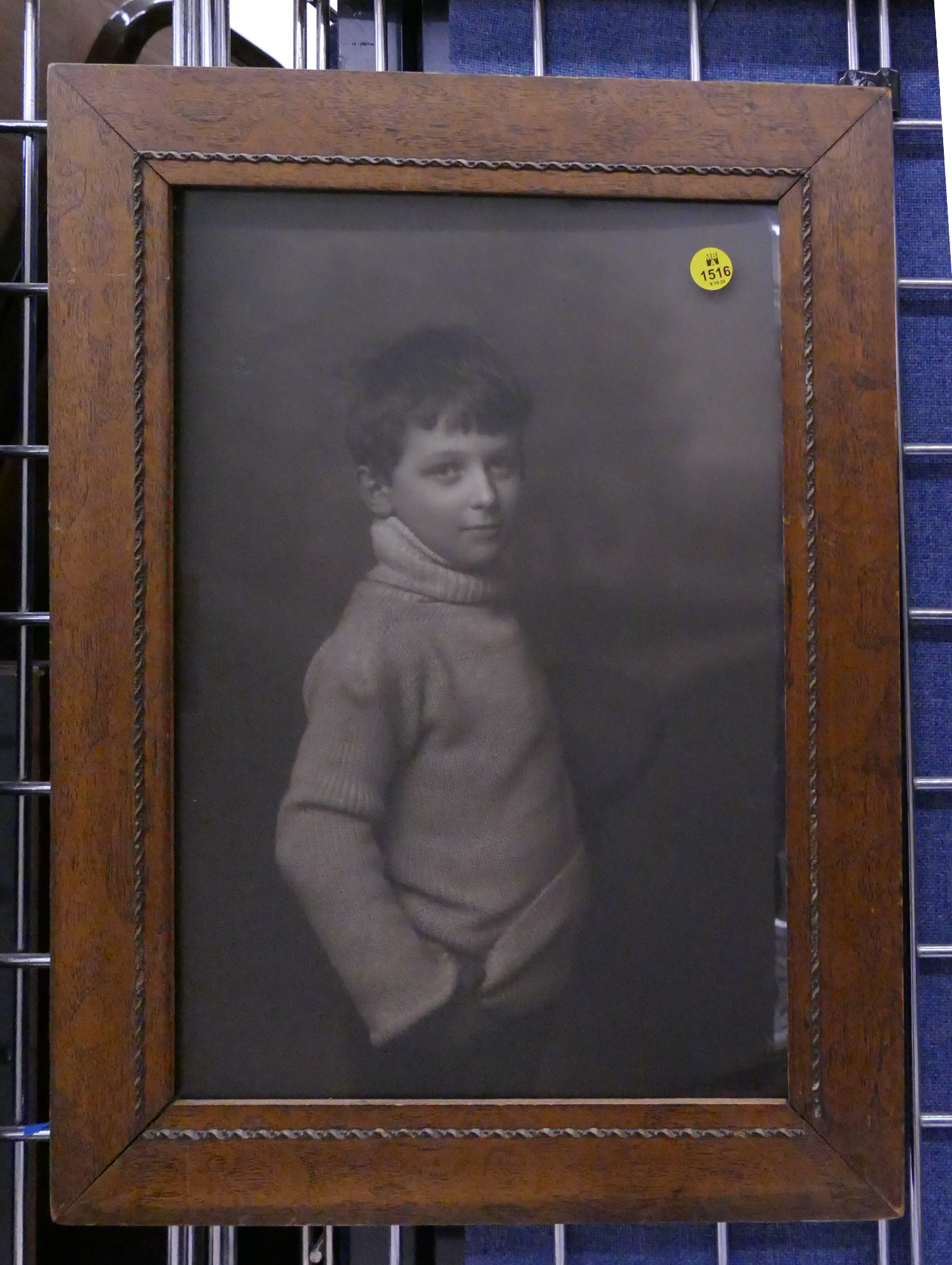 Appraisal: Oak Framed Little Boy Sepia Photograph- x ''