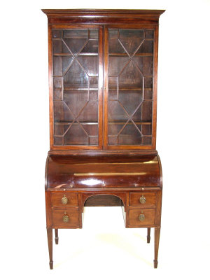 Appraisal: A George III cylinder bureau bookcase circa the moulded cornice