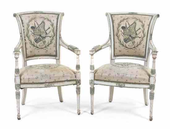 Appraisal: A Pair of Directoire Style Painted Fauteuils each having a