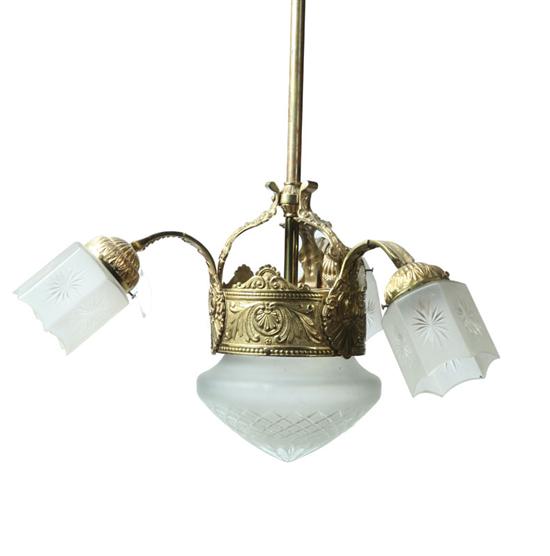 Appraisal: HANGING HALL LIGHT Twentieth century Intricately detailed brass three-arm fixture