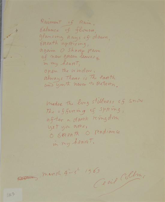 Appraisal: Cecil Collins handwritten poem dated March th - th Raiment