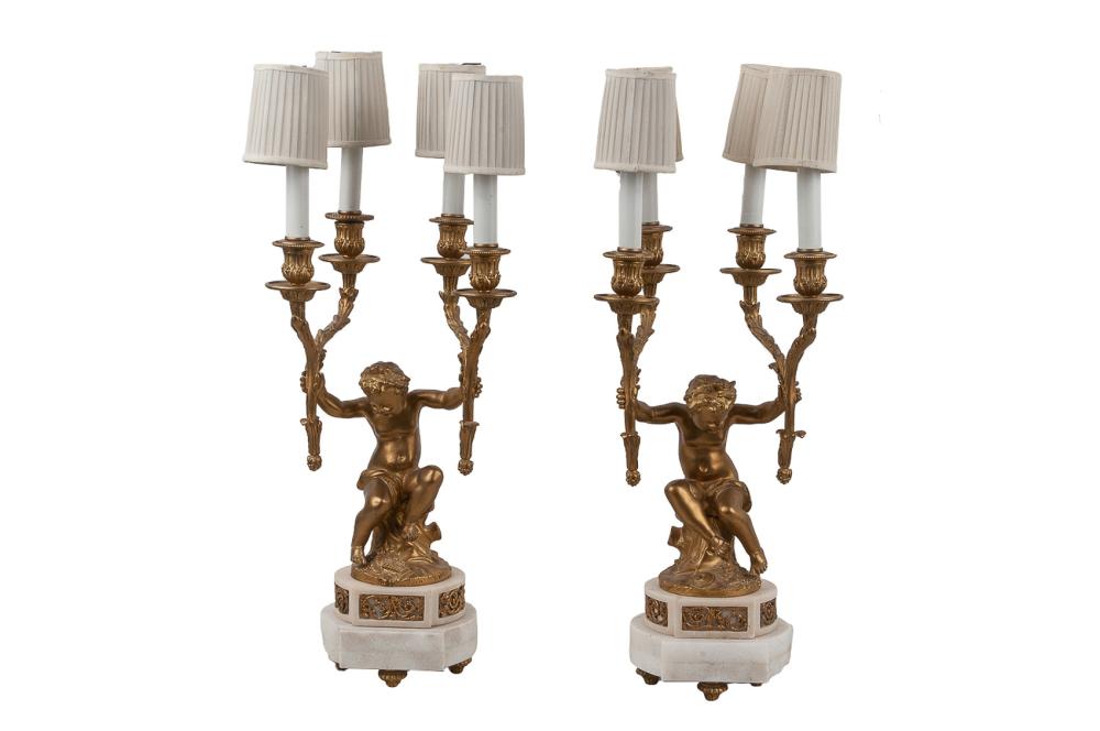 Appraisal: PAIR OF FRENCH GILT BRONZE MARBLE FIGURAL CANDELABRA inches high