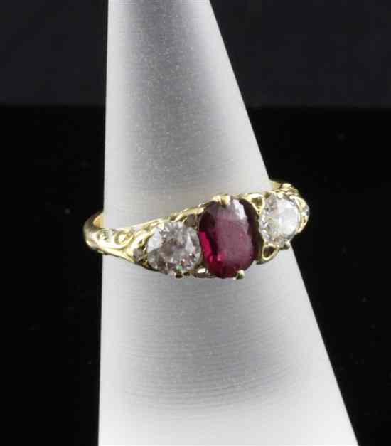 Appraisal: An Edwardian gold ruby and diamond three stone ring size