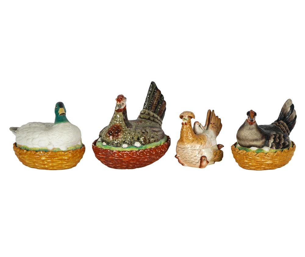 Appraisal: GROUP OF FOUR GLAZED CERAMIC BIRD TUREENSall unmarked Provenance The