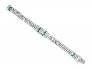 Appraisal: An Art Deco Platinum Diamond and Emerald Bracelet Oscar Heyman