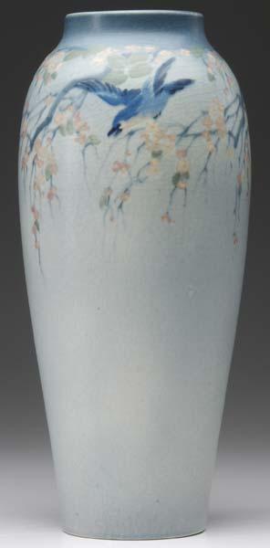 Appraisal: ROOKWOOD Vellum tall vase painted by Lorinda Epply with bluebirds