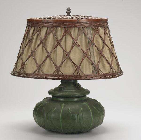 Appraisal: HAMPSHIRE Factory lamp base with tulips under matte green glaze