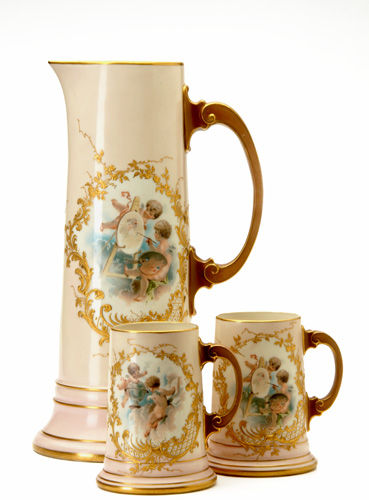 Appraisal: MORRIS WILLMORE Tall tankard and two mugs with transfer-decorated scenes