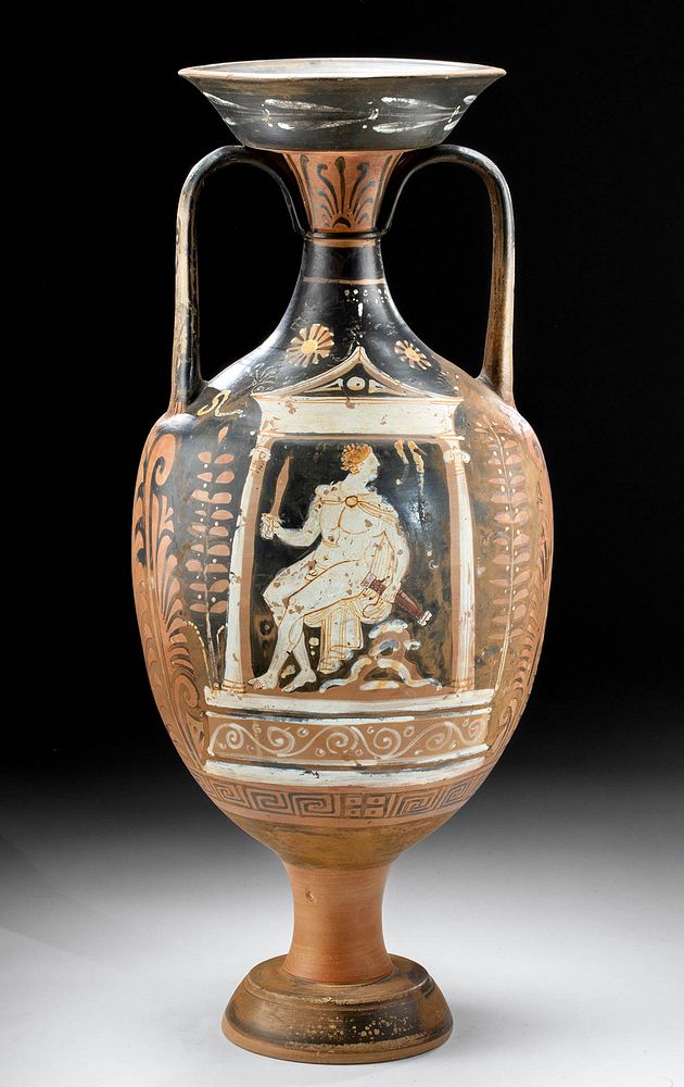 Appraisal: Huge Greek Apulian Amphora Naiskos w Seated Warrior Magna Graecia