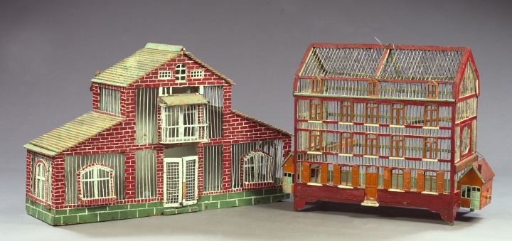 Appraisal: Elaborate Oblong Polychromed Wood and Wire Bird Cage of apartment