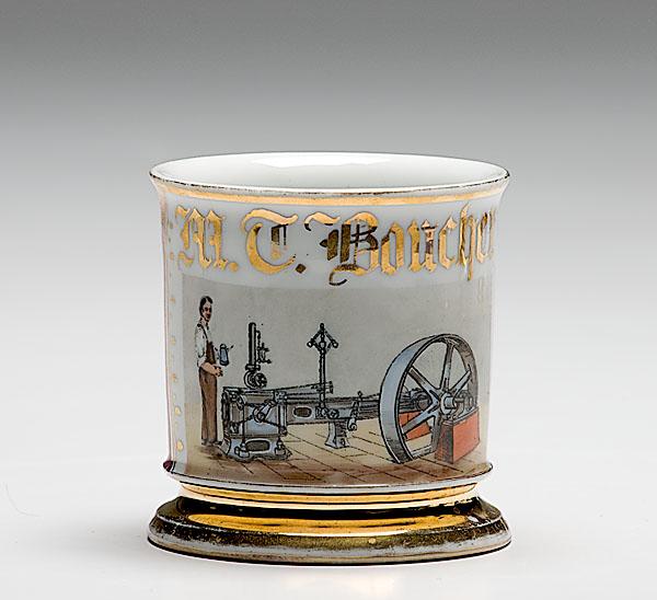 Appraisal: UNUSUALLY FINE STEAM MECHANIC OCCUPATIONAL SHAVING MUG porcelain with polychrome