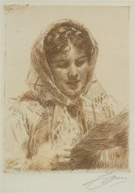 Appraisal: ANDERS LEONARD ZORN SWEDISH - A LETTER Etching signed cm