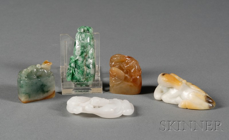 Appraisal: Five Jade Carvings two seals two animal shapes and a