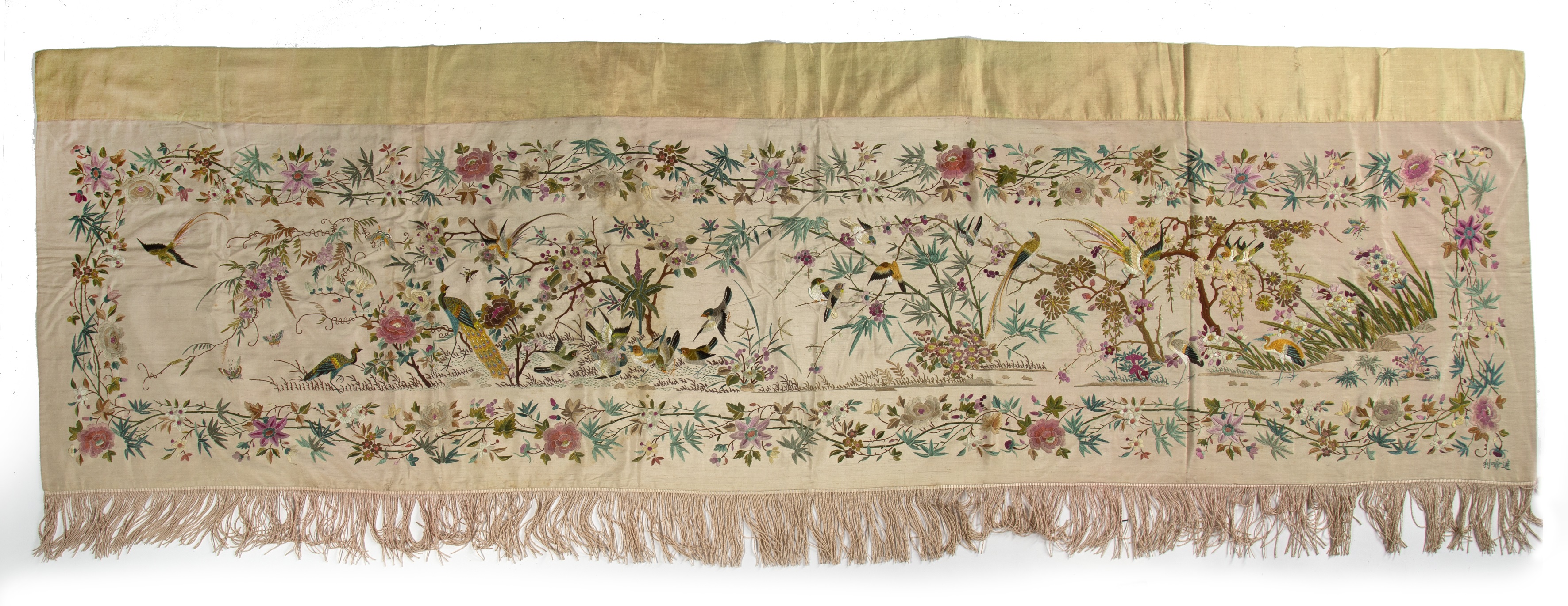 Appraisal: Two silk embroidered panelsChinese one of ivory ground embroidered with