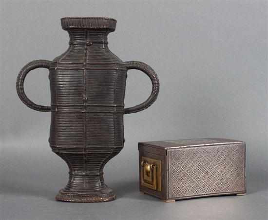 Appraisal: Indian bronze two-handled vase and a Chinese silvered brass valuables