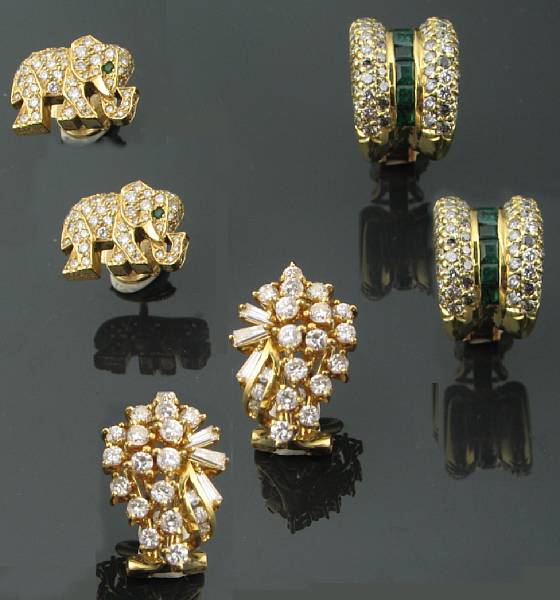 Appraisal: A collection of three pair of diamond gem-set and gold