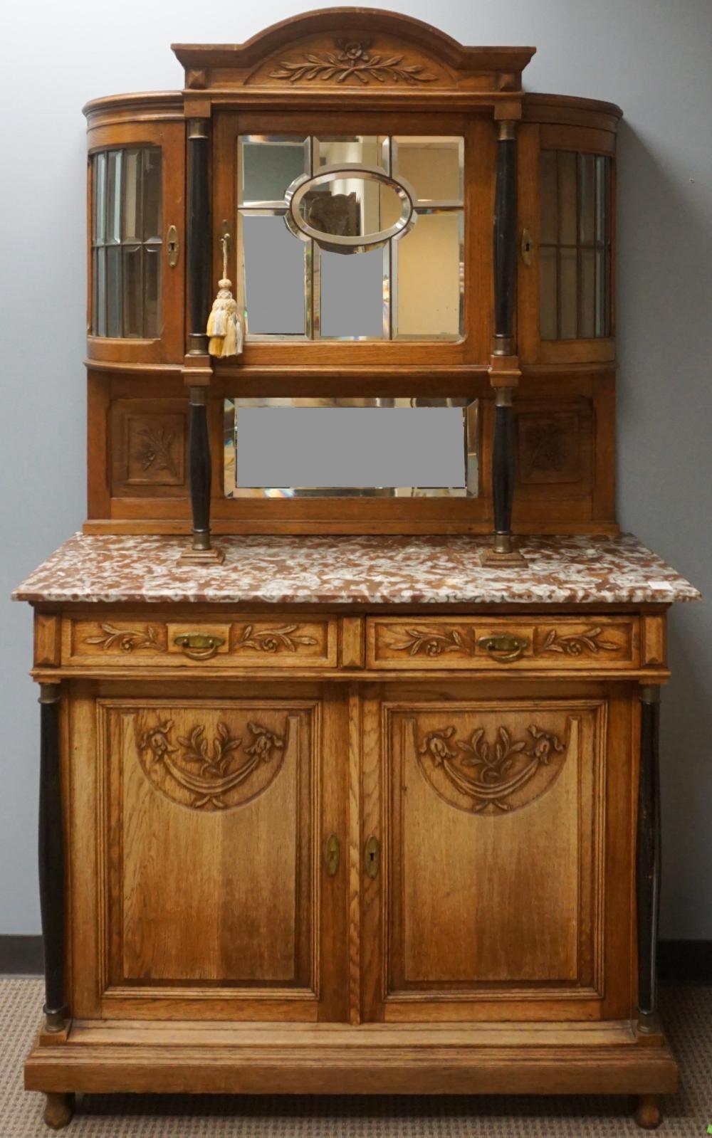 Appraisal: NEOCLASSICAL STYLE CARVED OAK MARBLE TOP MIRRORED BACK HUTCH CABINET