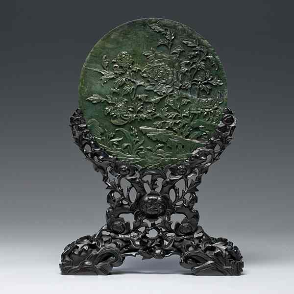 Appraisal: Large Spinach Jade Chinese Table Screen Chinese A dark spinach