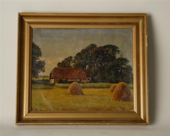 Appraisal: L K E th C English Thatched Cottage and Haystacks