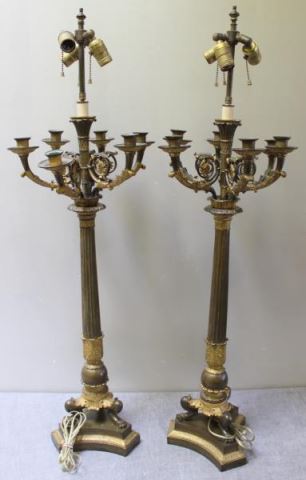 Appraisal: Pair ofOutstanding Gilt Bronze PatinatedColumnar Form Candlebra as Lamps From