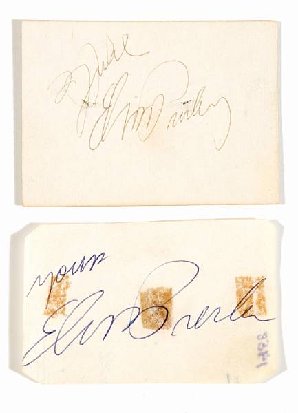 Appraisal: Two Elvis Presley signatures signed on clipped pieces of paper