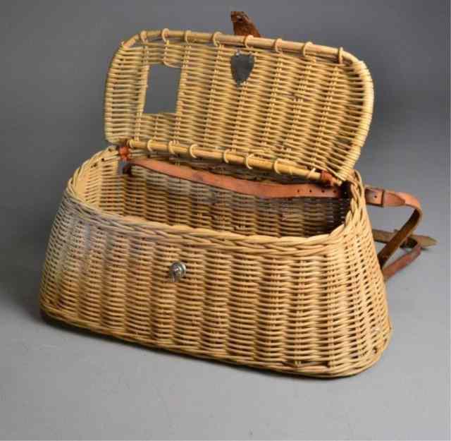 Appraisal: VINTAGE FLY FISHERMAN BASKETWicker basket with wicker handle leather shoulder