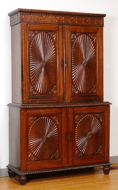 Appraisal: ANGLO INDIAN CARVED ROSEWOOD LINEN PRESS Top with carved pediment