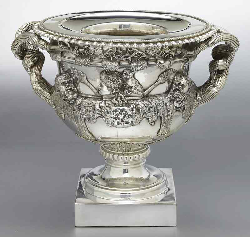 Appraisal: Silverplate urn after the ''Warwick'' vase of campana form with