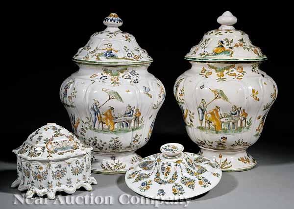 Appraisal: An Associated Pair of French Faience Covered Coupes c Moustiers