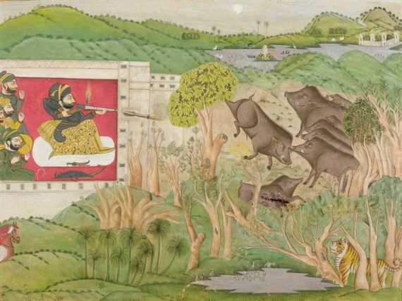 Appraisal: WILDBOAR HUNTING MINIATURE PAINTING India Rajasthan late th ct x