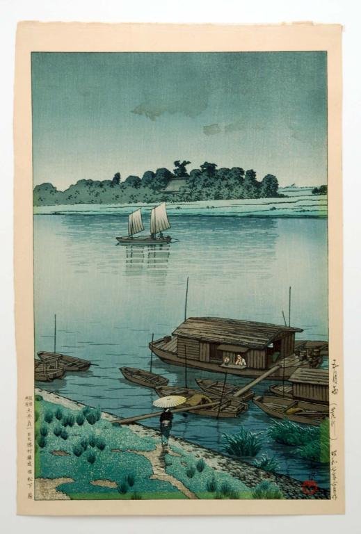 Appraisal: Early Summer Rain Arakawa by the Shin Hanga master Hasui