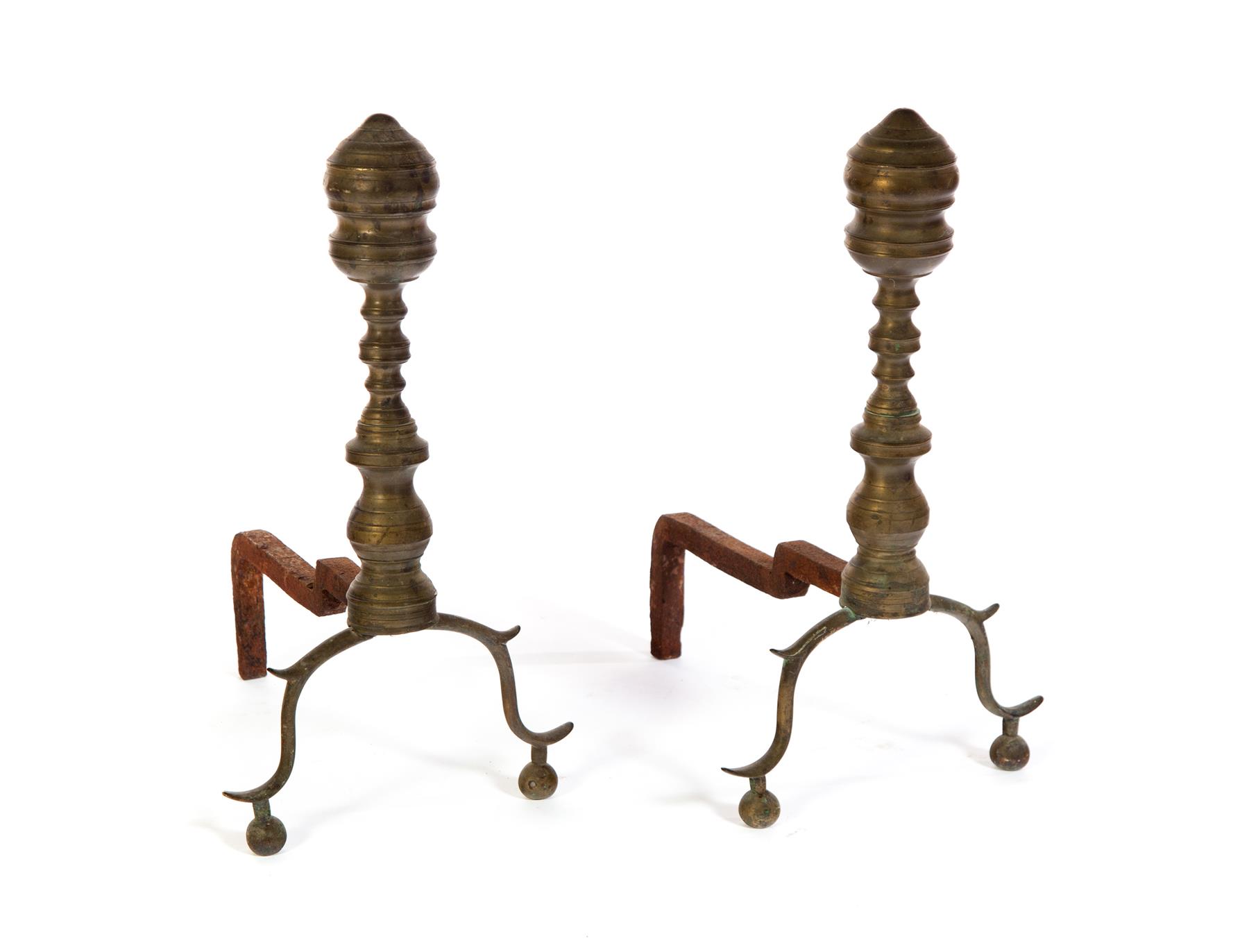 Appraisal: PAIR OF AMERICAN FEDERAL BRASS ANDIRONS First half- th century