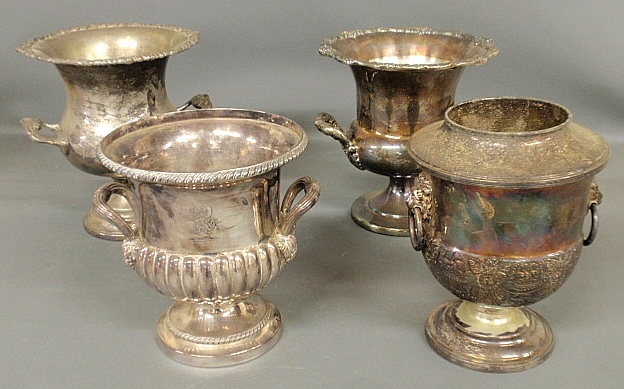 Appraisal: - Four silverplate wine coolers incl one with lion head