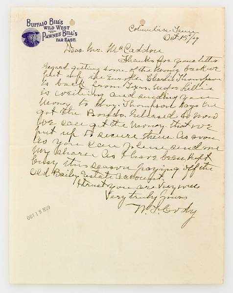 Appraisal: CODY WILLIAM F - Autograph Letter Signed W F Cody