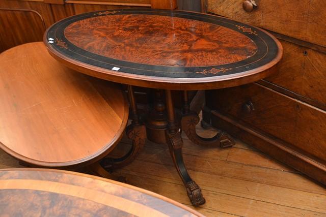 Appraisal: A VICTORIAN BURR WALNUT OVAL TOP TABLE WITH EBONISED INLAY