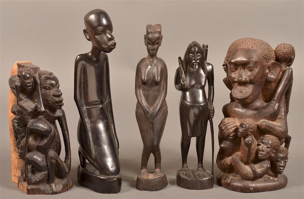 Appraisal: Vintage African Ebony Figural Wood Carvings Five Vintage African Ebony