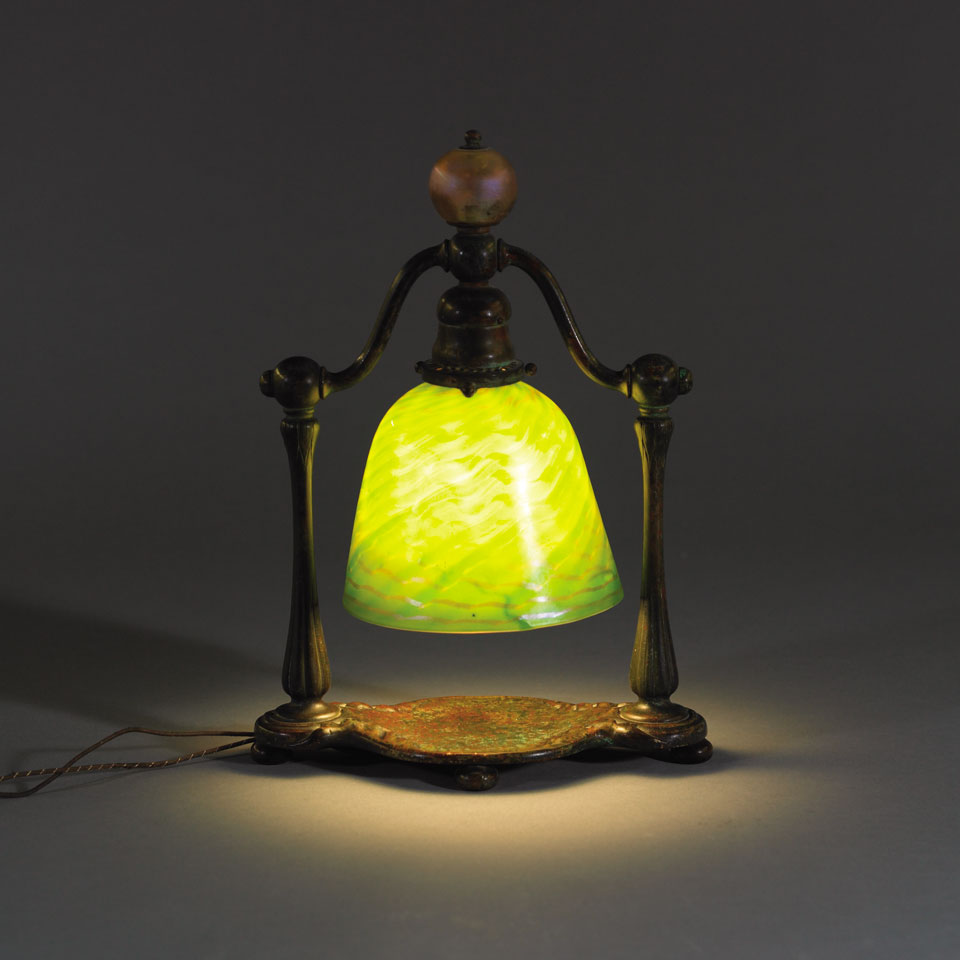 Appraisal: Tiffany Brass and Favrile Glass Lamp with Damascene Shade early