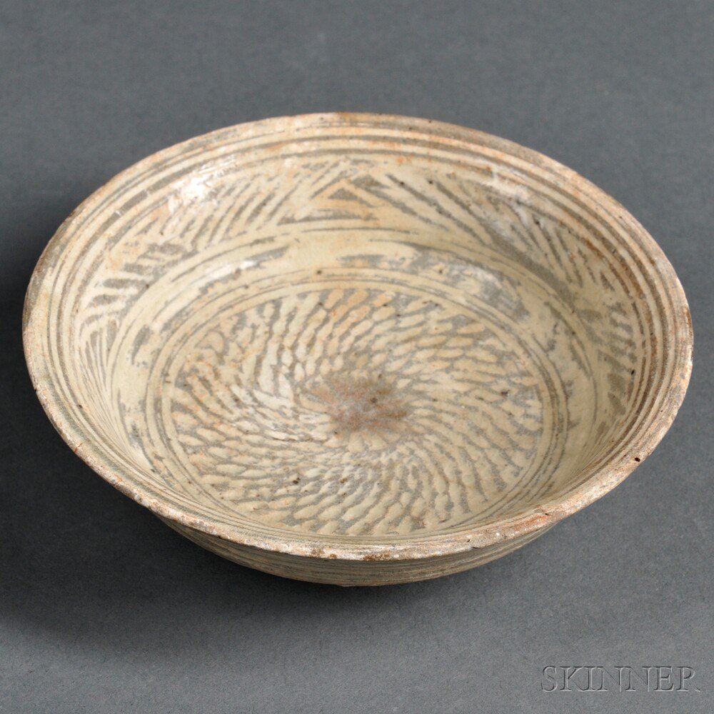 Appraisal: Mishima Saucer Japan th century green-glazed stoneware inlaid in white