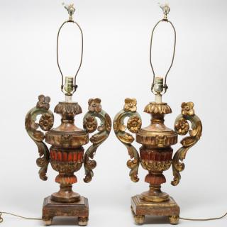 Appraisal: Italianate Painted Carved Wood Table Lamps Pair Italianate Neoclassical manner