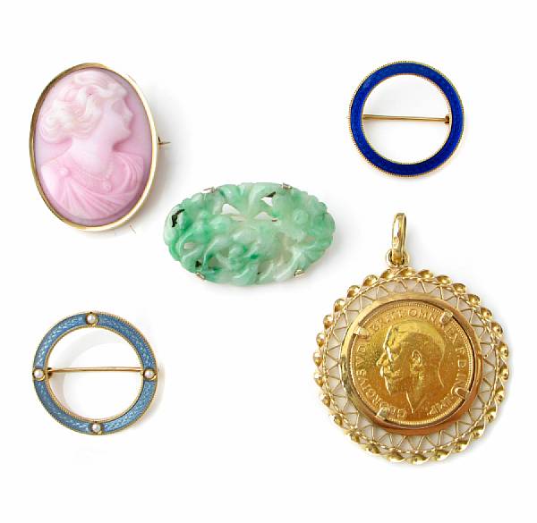 Appraisal: A colletion of enamel jade and gold jewelry including two