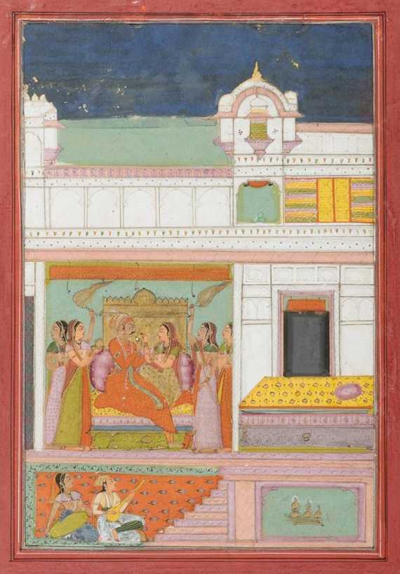 Appraisal: A COUPLE IN A PALACE MINIATURE PAINTING India Kotah th