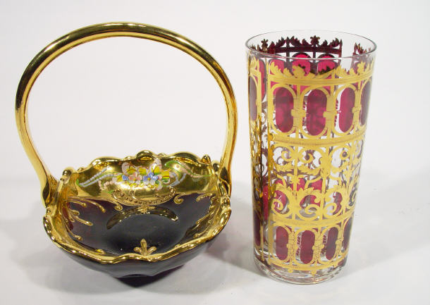 Appraisal: Italian clear glass beaker with ruby flashed and gilded panels