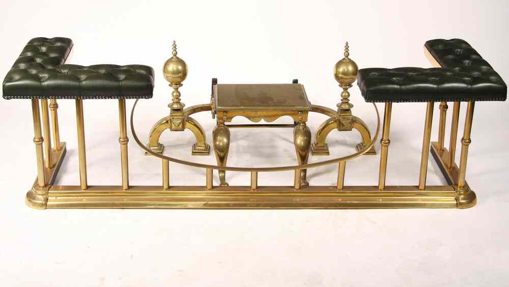 Appraisal: FIREPLACE SET - th c Green Leather Upholstered Canterbury Brass