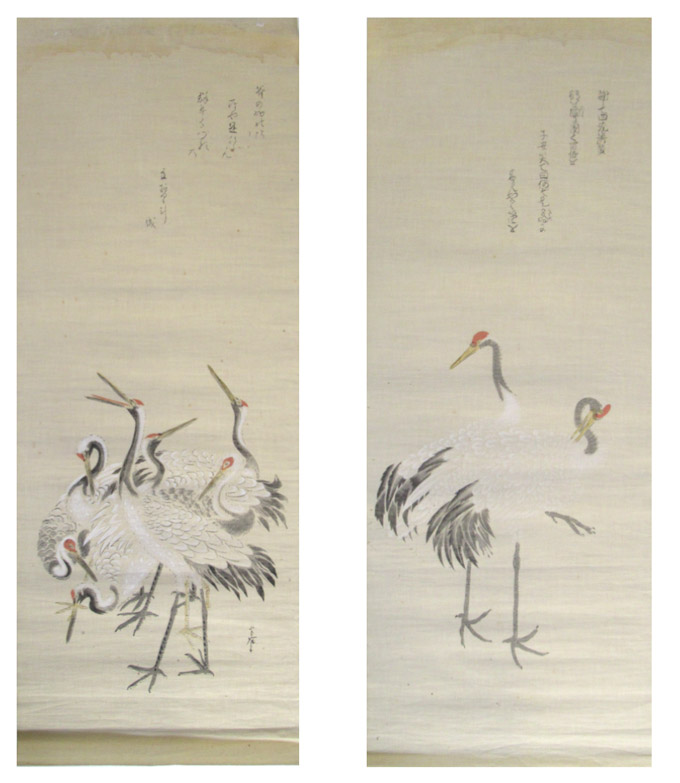 Appraisal: TWO HAND PAINTED SCROLLS DEPICTING WATERFOWL The scrolls measure x